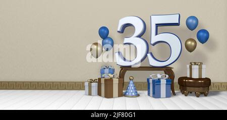 Bianco numero 35 con bordo blu su tavola di legno circondato da bright marrone, blu e bianco scatole regalo e palloncini galleggianti su pavimento di legno in vuoto Foto Stock