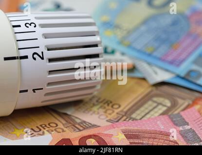 Termostato davanti alle banconote, simbolo dei costi di riscaldamento Foto Stock