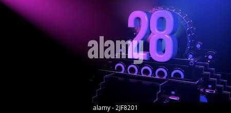 Solido numero 28 su un palco nero riflettente con scale e ornato di cerchi, illuminato con luci blu e rosse su sfondo nero. WIT Foto Stock