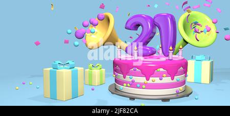 Torta di compleanno rosa con spesso viola numero 21 e candele su piastra metallica circondata da scatole regalo con corna che eietta confetti e sfere sul passato Foto Stock