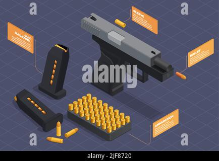 Armi militari infografiche isometriche soldato con blocchi di sottotitoli e immagini di pistola con illustrazione vettoriale di set di proiettili Illustrazione Vettoriale