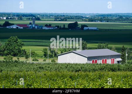 Un granaio su una collina non lontano da una città in giornata di sole con alcune nuvole. Nella distanza, un'altra fattoria e silos di grano. Foto Stock