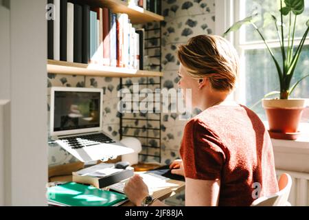 Femmina lavoro freelance sul portatile a casa Foto Stock