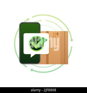 Conferma dell'ordine di consegna. Servizio di spedizione e consegna online. Icona Box e approvato. Illustrazione dello stock vettoriale. Illustrazione Vettoriale