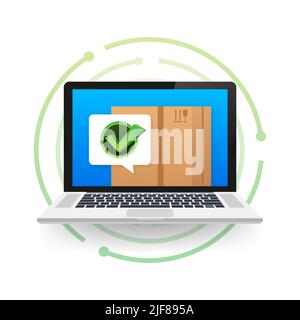 Conferma dell'ordine di consegna. Servizio di spedizione e consegna online. Icona Box e approvato. Illustrazione dello stock vettoriale. Illustrazione Vettoriale