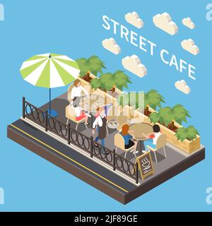 Colorato e isometrico strada caffè terrazza ristorante composizione con area salotto all'aperto illustrazione vettoriale Illustrazione Vettoriale