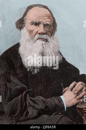 Leo Tolstoy (Lev Nikolayevich Tolstoy) (1828-1910). Scrittore russo. Verticale. Incisione di Carretero. Successiva colorazione. La Ilustración Española y americana, 1898. Foto Stock