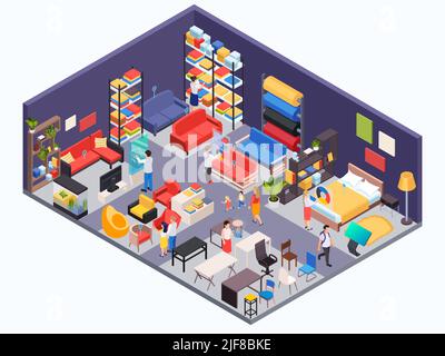 Negozio di mobili sfondo isometrico con visitatori e interni per cucina camera da letto soggiorno illustrazione vettoriale Illustrazione Vettoriale