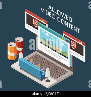 Controllo web parentale composizione isometrica con contenuti indesiderati bloccati bambini che guardano cartoni animati consentiti sul laptop illustrazione vettoriale Illustrazione Vettoriale