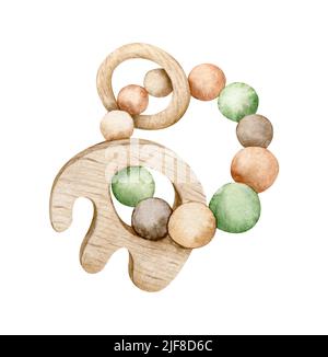 Accessorio per bambino ecologico per illustrazione acquerello. Arredamento per vivai, giocattoli in legno. Disegnato a mano su sfondo bianco. Perfetto per biglietti, inviti, baby show Foto Stock