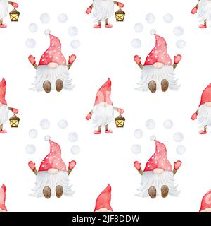 Acquerello Christmas gnome Seamless Pattern, carta da imballaggio su sfondo bianco Foto Stock