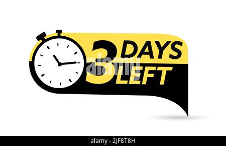 3 giorni rimanenti. Simbolo vettore con il numero di giorni rimanenti. Etichetta, orologio blu piatto con nastro, icona promozione, vettore simbolo offerta migliore Illustrazione Vettoriale