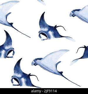 Acquerello disegnato a mano modello senza giunture con raggi di manta. Mare oceano animale marino, subacqueo subacqueo specie di mammifero minacciate di estinzione. Illustrazione blu grigia per arredamento in tessuto, sotto le stampe del mare Foto Stock