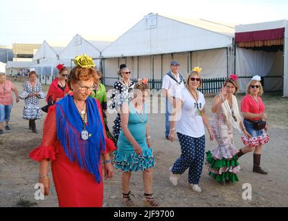 Barcellona, Catalogna, Spagna, 4 luglio 2022:pellegrinaggio della Virgen del Rocio, atto religioso con processione e offerte del Rocio brotherho Foto Stock