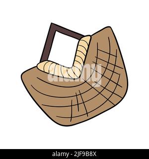 Borsa da spiaggia in vimini alla moda in stile boho. Elemento per rilassarsi sulla spiaggia. Il più necessario per una vacanza in mare. Elemento per design stagionale. Clipart per adesivi, imballaggi, cartoline. Illustrazione Vettoriale