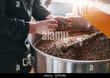 Il master maschile controlla la qualità dei chicchi di caffè tostati in una piccola fabbrica. Primo piano Foto Stock