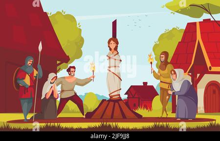 Il popolo medievale strega composizione donna legata al palo gente è venuto alla rappresentazione vettoriale esecuzione Illustrazione Vettoriale