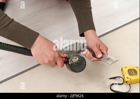 Donna installa pavimento in vinile quarzo, installazione su una superficie piatta pavimento in vinile quarzo, lavori di riparazione in casa. Foto Stock