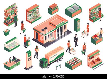Persone isometriche supermercato set di icone isolate personaggi umani con immagini di entrata e consegna camion vettore illustrazione Illustrazione Vettoriale