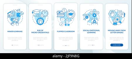 Tendenze nel settore Education schermata blu dell'app mobile onboarding Illustrazione Vettoriale