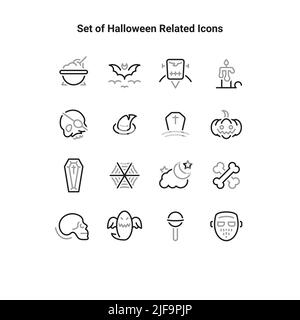 Semplice set di icone relative alla linea vettoriale di Halloween. Collezione di icone di Halloween. Semplice set di icone relative alla linea vettoriale di Halloween. Contiene tali icone A. Illustrazione Vettoriale