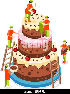 Concetto isometrico della gente del forno con illustrazione vettoriale dei simboli della torta e della pasticceria Illustrazione Vettoriale