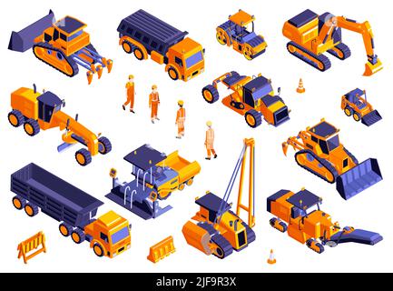 Set di icone isolate per la costruzione di strade e immagini isometriche di carrelli per macchinari e bulldozer con illustrazione vettoriale dei lavoratori Illustrazione Vettoriale