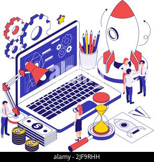 Business startup progetto isometrico concetto con hi tech programma app su schermo laptop razzo e ingranaggi icone illustrazione vettoriale Illustrazione Vettoriale