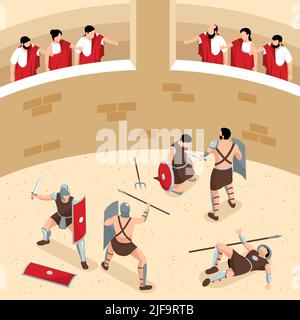 Composizione dei gladiatori dell'antica roma isometrica in vista di un'arena rotonda con pubblico e guerrieri in combattimento con illustrazione vettoriale Illustrazione Vettoriale