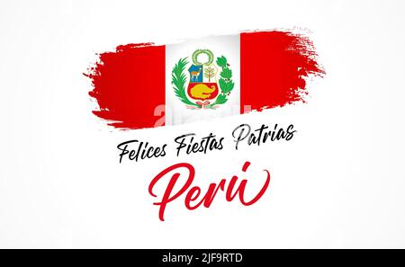 Felices Fiestas Patrias Perù testo spagnolo - Happy National Holiday Peru. Poster delle festività della repubblica peruviana, 28 luglio 1821, lettere e bandiera acquerello Illustrazione Vettoriale