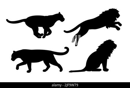 Set vettoriale di silhouette di leoni piatta isolato su sfondo bianco Illustrazione Vettoriale