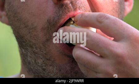 un uomo non rasato con una barba mangia un uovo sodo sullo sfondo della natura verde. fuoco selettivo. Foto Stock