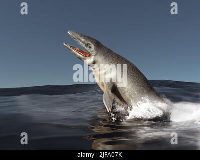 Mosasaurus che salta dall'acqua Foto Stock
