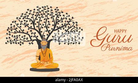 Happy Guru Purnima Poster tradizionale Hindu Festival. Vecchio sadhu, saggio medita seduta sotto albero orizzontale Banner Design Vector Illustration Illustrazione Vettoriale