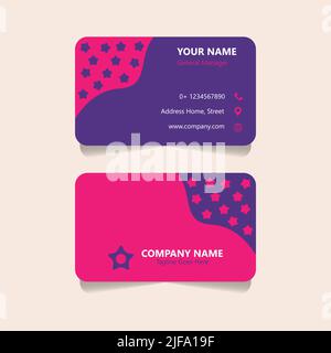 Moderno modello di disegno del biglietto da visita. Carte vettoriali con stelle rosa e viola, elementi decorativi. Modello biglietti da visita. Illustrazione Vettoriale