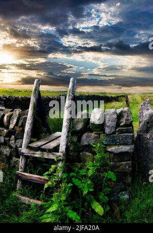 Vecchio stile in legno con campagna sul retro, contro un cielo estivo al tramonto Foto Stock