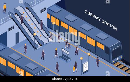 Stazione metropolitana della metropolitana composizione isometrica con passeggeri che scendono in scala mobile treno d'imbarco in attesa sulla piattaforma illustrazione vettore Illustrazione Vettoriale