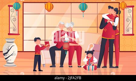 La famiglia cinese festeggia il nuovo anno insieme disimballando i regali in stanza con l'illustrazione vettoriale piatta interna orientale tradizionale Illustrazione Vettoriale