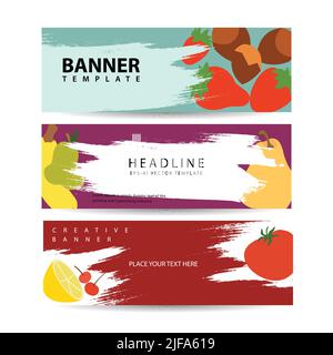 Set di tre bacca orizzontale e striscioni di frutta con colorato immagini di fette di frutta naturale con illustrazione vettoriale del testo Illustrazione Vettoriale