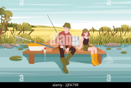 Fishermans siede su un molo di legno e pesca con illustrazione vettore di canna Illustrazione Vettoriale