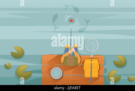 Il pescatore siede sul molo di legno e pesca con illustrazione vettore di canna Illustrazione Vettoriale