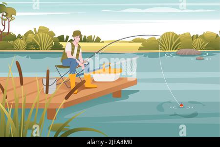 Il pescatore siede sul molo di legno e pesca con illustrazione vettore di canna Illustrazione Vettoriale