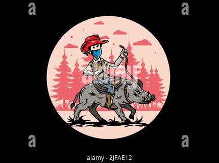 Uomo che guida un cinghiale illustrazione Illustrazione Vettoriale