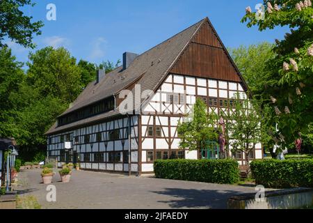 Hof Hueck, storica casa a graticcio nei giardini termali, Bad Sassendorf, Soester Boerde, Renania settentrionale-Vestfalia, Germania Foto Stock