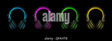 Cuffie al neon per ascoltare musica, cuffie audio dj isolate su sfondo bianco. Set vettoriale realistico di 3D cuffie stereo a colori brillanti, accessori wi Illustrazione Vettoriale