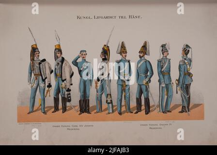 Il poster con uniforme per Livgardet a cavallo sotto il governo di Karl XIV Johan e Oscar in governo per gli anni 1816-1879. Incluso nel libro Swedish Armed Forces under the Kings Carl XIV Johan, Oscar i, Karl XV, Oscar II, pubblicato da P.B. Eklund. Appartiene al Museo dell'Esercito Foto Stock