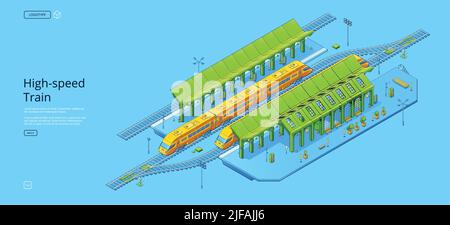 Banner treno ad alta velocità con stazione ferroviaria isometrica, piattaforma Express e vuota. Landing page vettoriale con moderno treno passeggeri veloce su binario Illustrazione Vettoriale