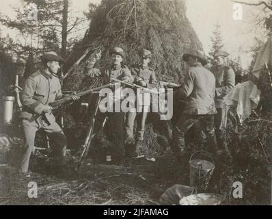 Soldati da Göta Livgarde nel 2 di fronte ad un'ape nella foresta. Due dei soldati sono allineati in posizione ravvicinata. Foto Stock