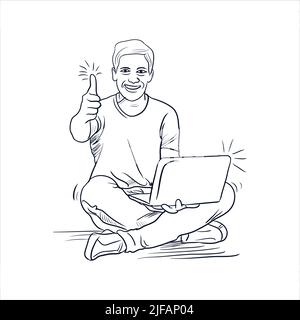 Uomo felice seduto con disegno di linea del laptop illustrazione vettoriale. Pollice in su dopo il lavoro riuscito. Questo ragazzo è molto entusiasta di un notebook. Bella arte o Illustrazione Vettoriale