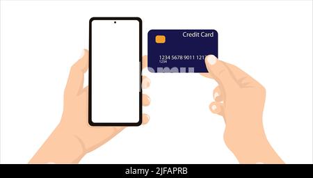 Smartphone in mano con scheda. Smartphone Holding e carta di credito. Concetto di pagamento online. Man Holding carta di credito e telefono conto corrente Bala Illustrazione Vettoriale